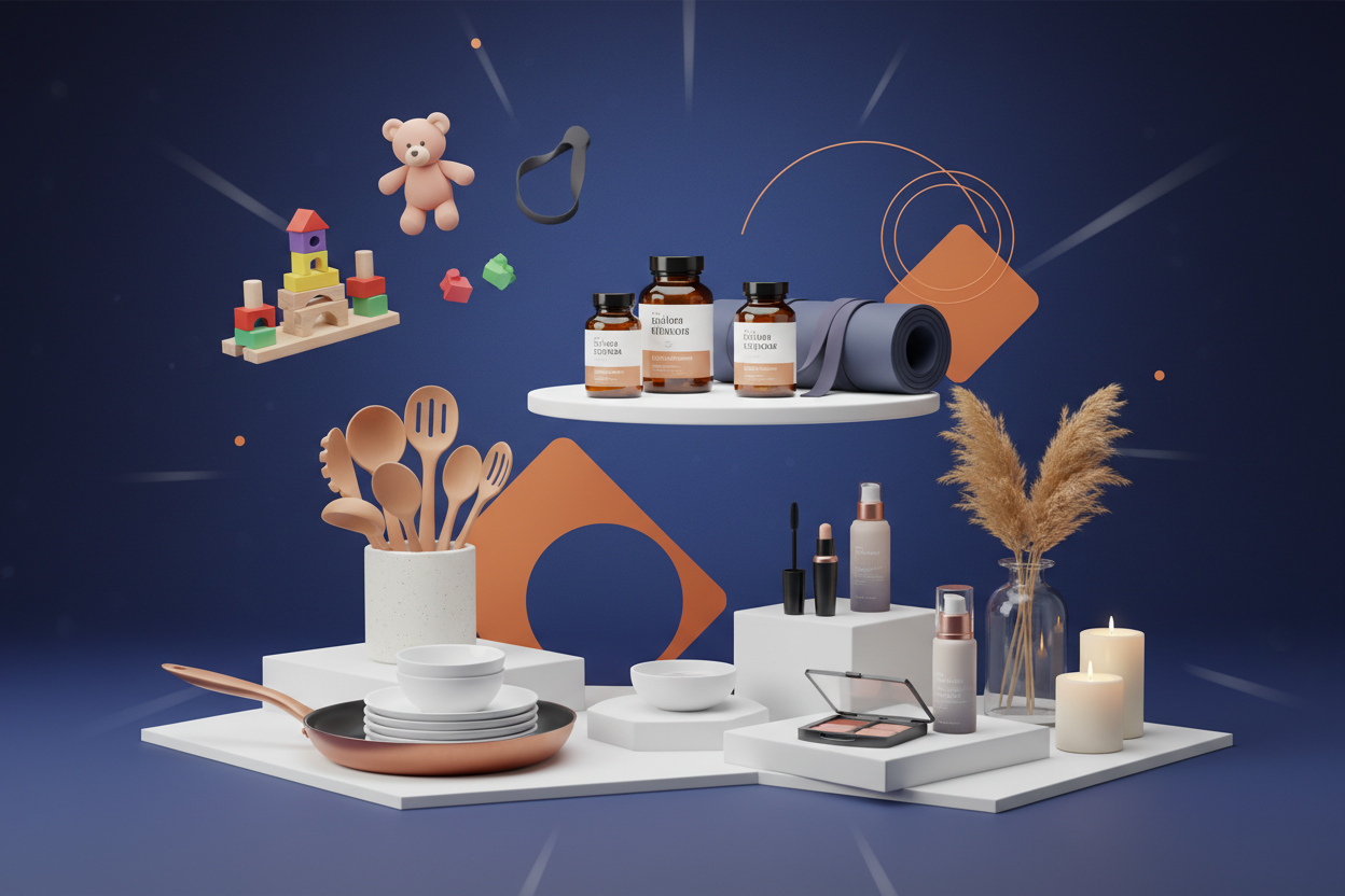 una imagen para poner de cabezera en una pagina de ecommerce de shopify. colores de background debe ser dark blue con acentos naranjas y blanco. debe tener articulos generales de hogar, cocina, salud, belleza, juguetes, etc